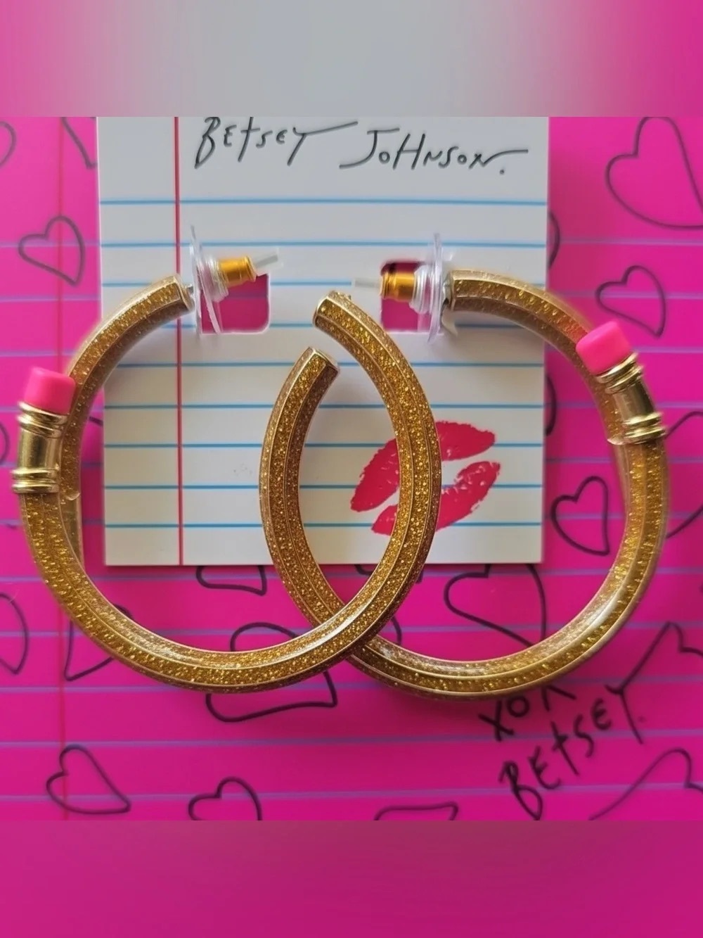 Betsey Johnson Gold Glitter Pencil Hoop Earrings Pink Eraser $48